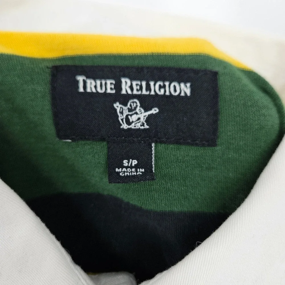 True Religion Rugby Polo Shirt Mens Small Striped Long Sleeve Horseshoe Logo